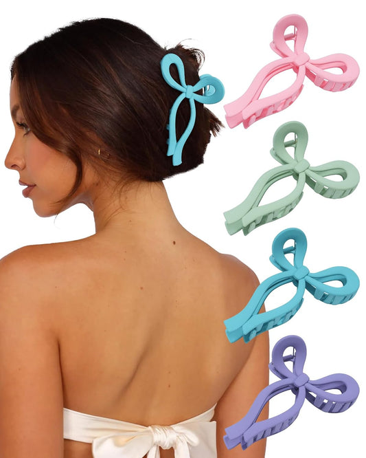 4 PCS Bow Hair Clips Bow Claw Clip for Women Nonslip Large Hair Claw Clips for Thin and Thick Hair Strong Hold Hair Bows (Pink+Green+Purple+Blue)