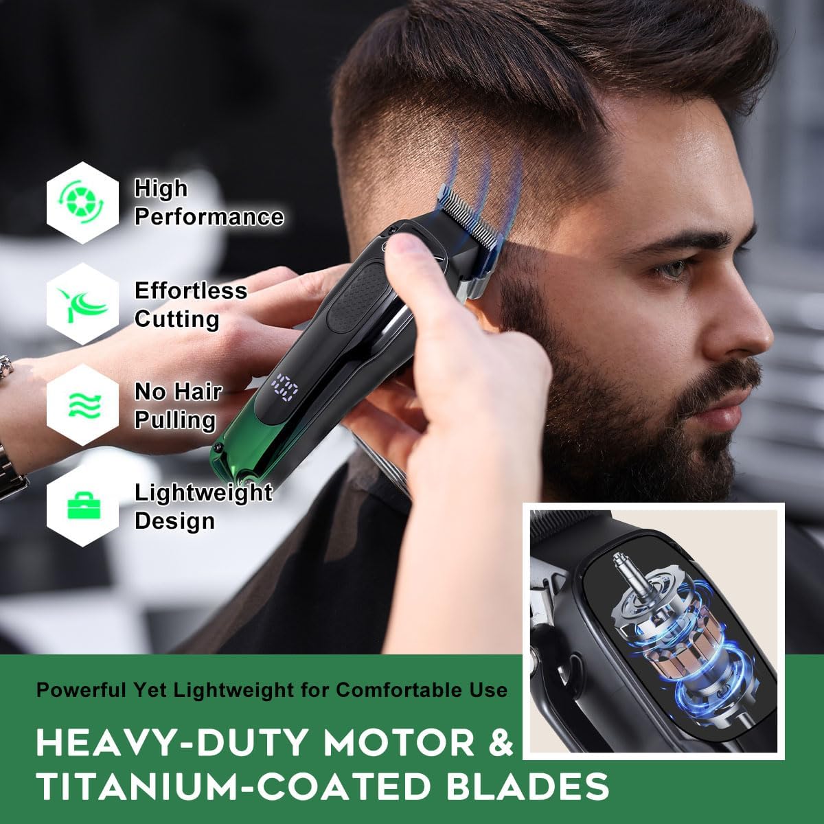 Hatteker Hair Clippers for Men Professional,Clippers and Trimmers Set T-Blade Barber Clippers Set Cordless Clippers Grooming Kit Rechargeable Beard Trimmers Type C Barbers Haircut Kit Green