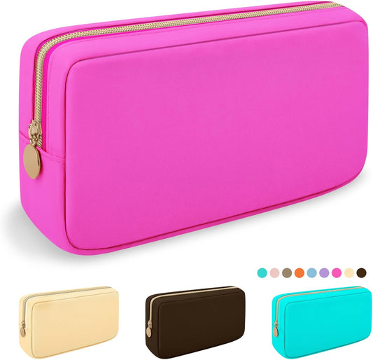 Iqimott Hot Pink Makeup Bag Nylon Small Makeup Bag for Purse, Preppy Cosmetic Bag Compact Makeup Pouch Toiletry Bag, Waterproof Zipper Purse Travel Coin Pouch Storage Bag for Women Girls Teens