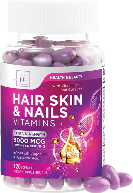 Hair, Skin & Nails Vitamins for Women - Biotin 5000mcg to Support Hair Growth with Argan Oil, Collagen & Hyaluronic Acid, Beautiful, Stronger Skin, Hair & Nails Vitamin Supplement - 120 Softgels