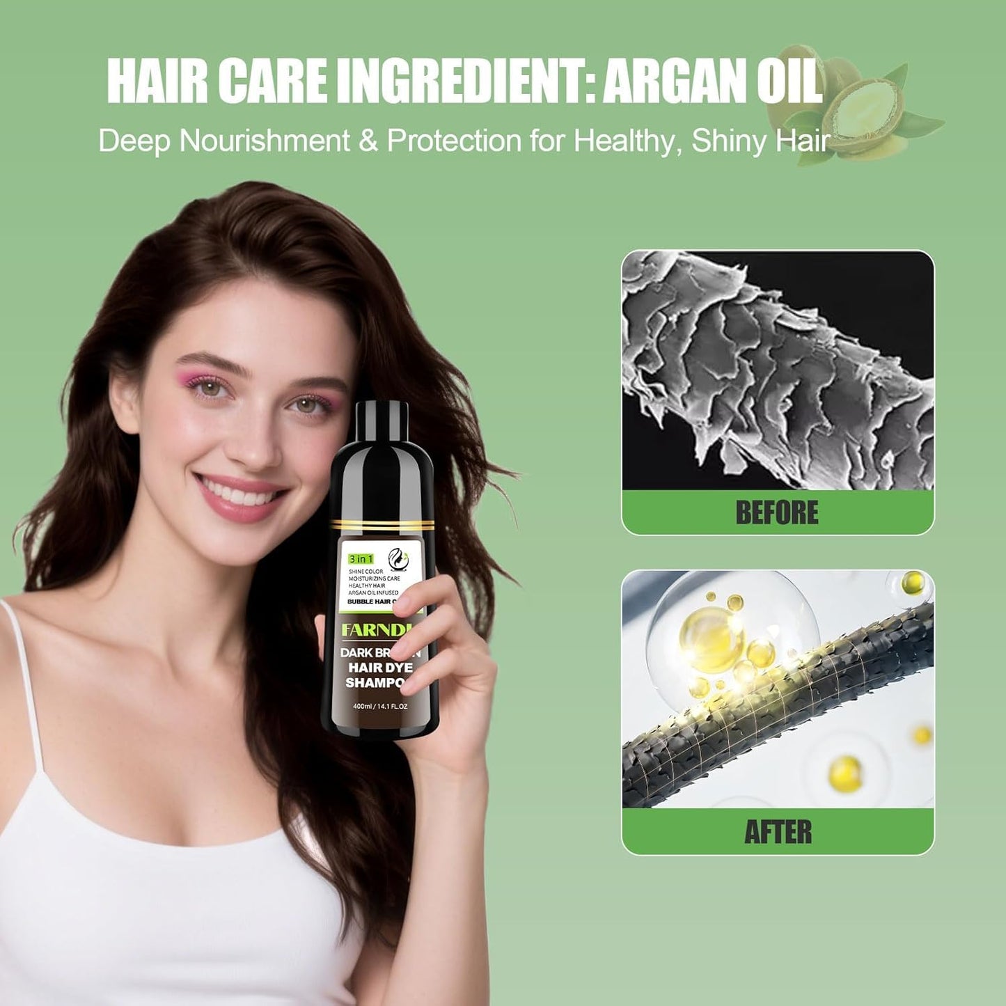 FARNDU Dark Brown Hair Dye Shampoo 3 in 1 with Argan Oil – 10-15 Min Gray Coverage, Natural Instant Hair Color Shampoo for Women and Men, Long-Lasting Up to 6 Months