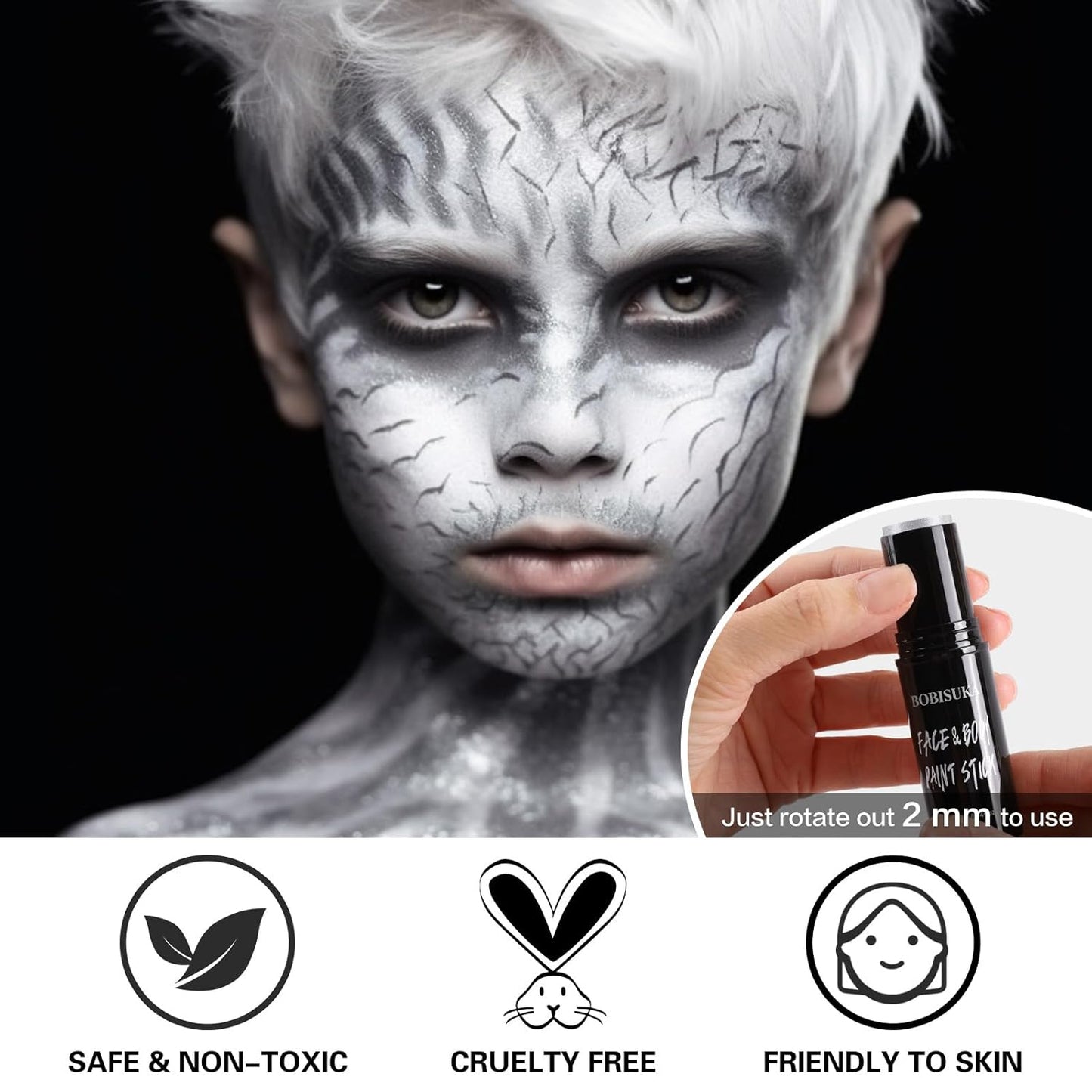 BOBISUKA Metallic Silver Face & Body Paint Stick Water-Based Washable Face Paint Makeup Stick for Halloween Skull, Goth, Robot, Ice Queen, Galaxy, Cosplay, SFX, Sports Eye Black & Costume Party