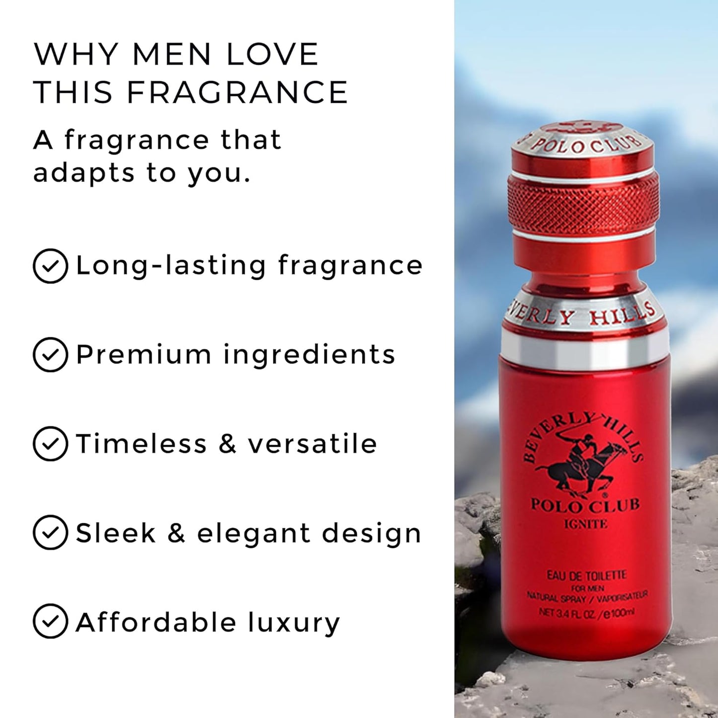 Beverly Hills Polo Club IGNITE - Cologne for Men with Notes of Vanilla, Cacao, Patchouli & Orchid - Sweet Floral Sexy Fragrance Scent - Eau De Toilette Spray 3.40fl.oz / 100ml