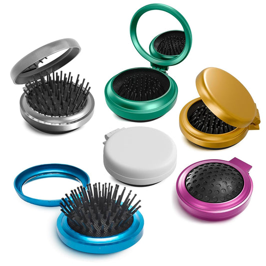 6Pcs Folding Hair Brush Set - Quality 2.5x0.8" Mini Hair Brush with Mirror for Hairstyling and Makeup on the Go - Travel-Friendly Foldable Hairbrush for Women with Soft Bristles, and Striking Colors