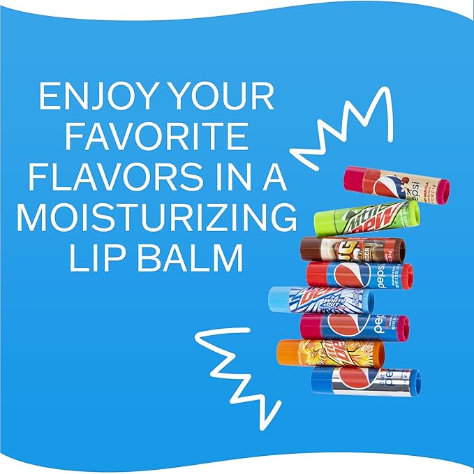 Taste Beauty Pepsi 8 Pack Lip Balm (Pepsi Cherry Vanilla, Mountain Dew, Mug, Pepsi Wild Cherry, Classic Pepsi, Mountain Dew White and Live Wire, Diet Pepsi)