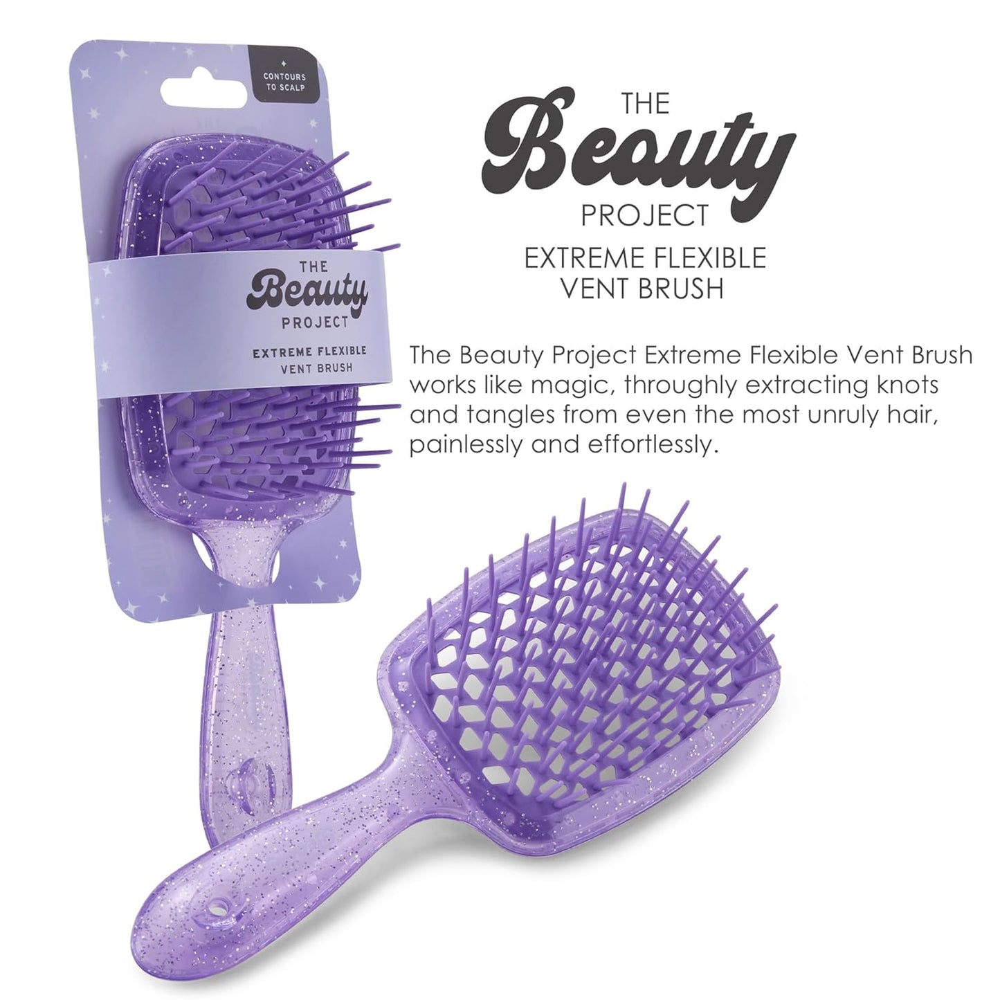 Detangling Brush for All Wet or Dry Hair Types - Pain-Free Brushing, Vented Hair Brush - Lightweight Handle with Extreme Flex to Contour to Scalp (Purple Glitter)