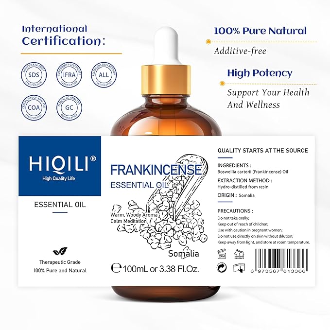 HIQILI 100ML Frankincense Essential Oil, for Massage, 100% Pure and Natural 3.38 Fl Oz