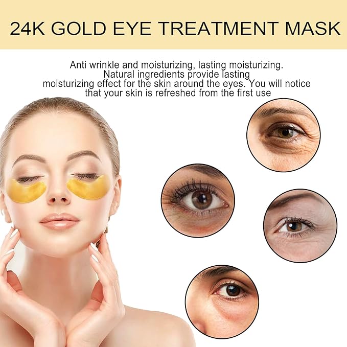 24K Gold Under Eye Patches - Hydrating Anti-Wrinkle Masks with Hyaluronic Acid, Vitamin C - Reduce Dark Circles, Puffiness - Firming, Brightening Treatment - 60PCS - All Skin Types