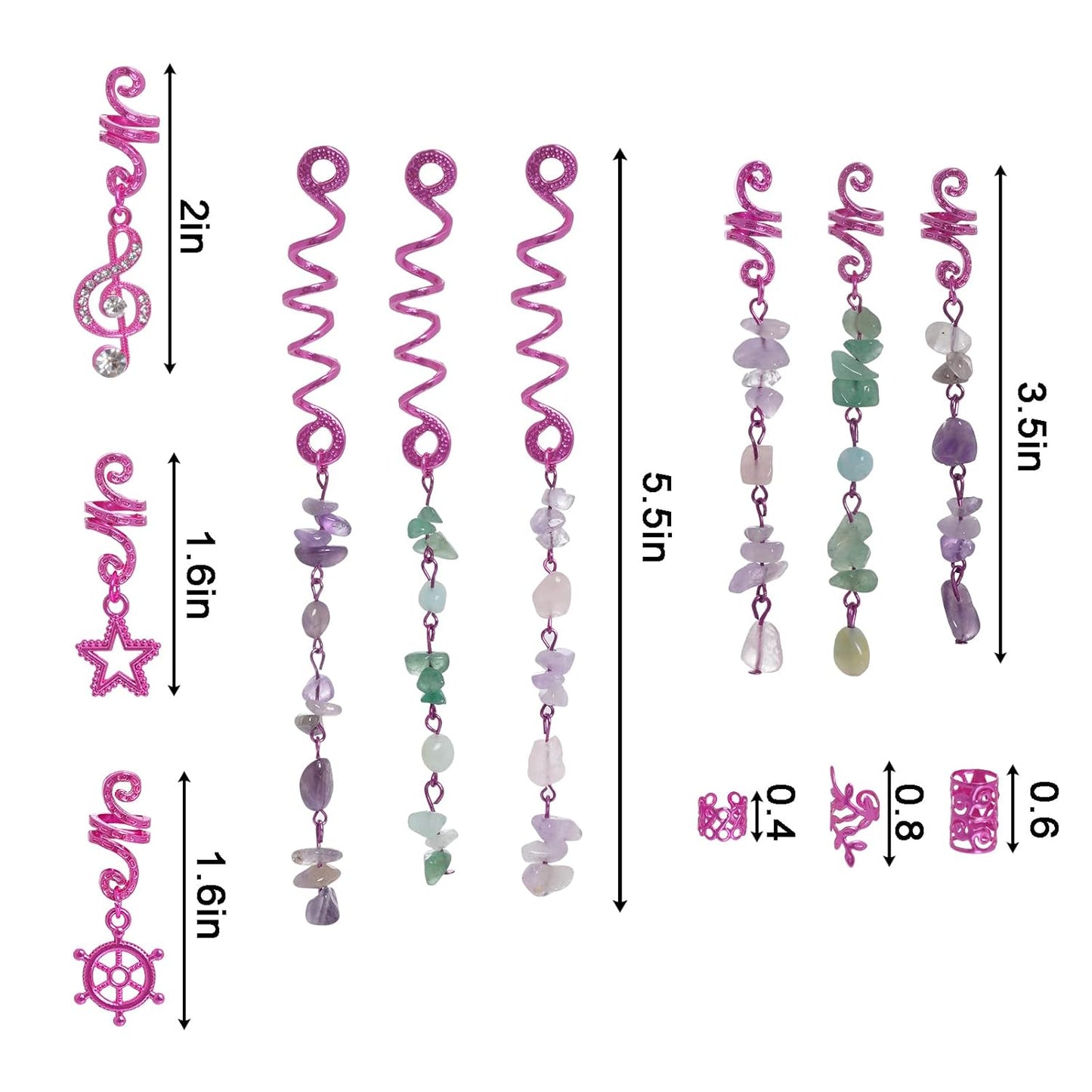 40Pcs hoyuwak Natural Colored Crystal Stone Hair Accessories - Metal Charms, Spirals, Cuffs, Rings for Braids, Locs, Dreadlocks, Rave Festival Hairstyle Decoration