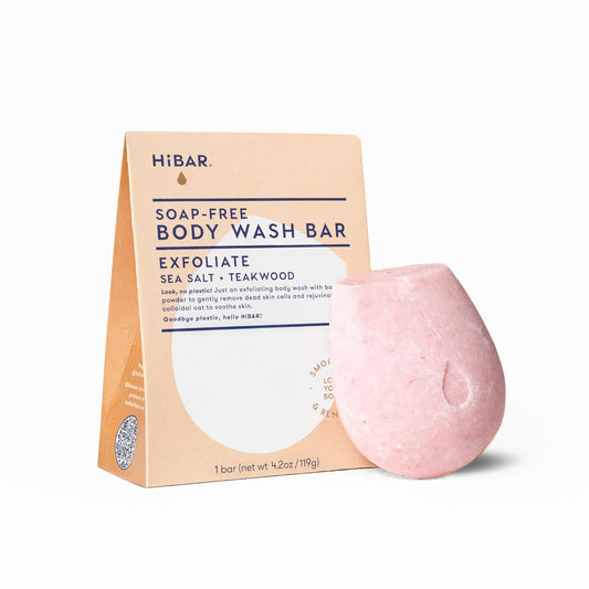 HIBAR - Exfoliate Solid Body Wash Bar - Revive & Restore - With Bamboo Powder & colloidal oat - Daily Use & Sensitive Skin - Plastic, Paraben & Soap-Free - Vegan - Sea Salt + Teakwood