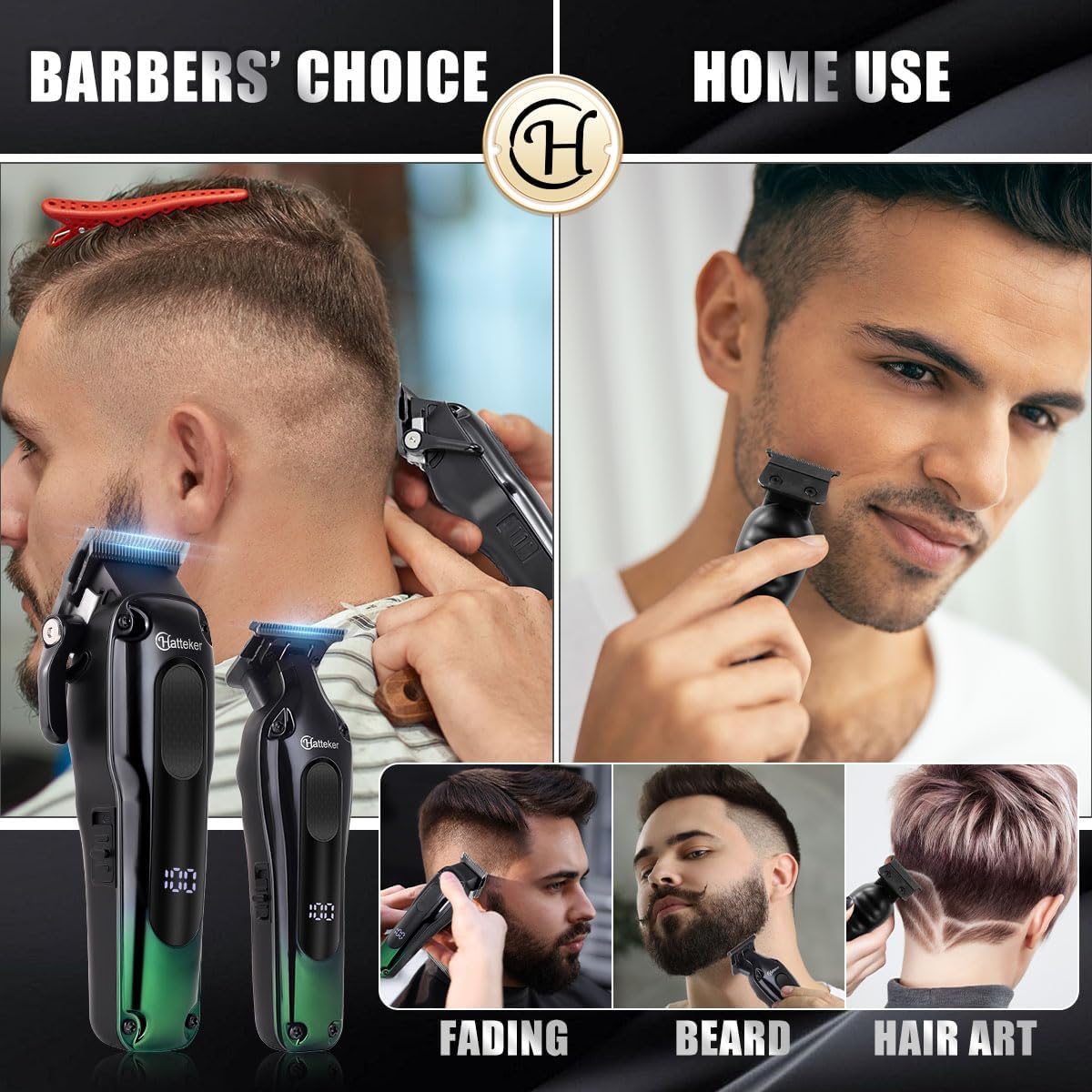 Hatteker Hair Clippers for Men Professional,Clippers and Trimmers Set T-Blade Barber Clippers Set Cordless Clippers Grooming Kit Rechargeable Beard Trimmers Type C Barbers Haircut Kit Green