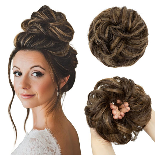 CJL HAIR Large Messy Bun Hair Piece Wavy Curly Scrunchies Synthetic Chignon Ponytail Hair Extensions Thick Updo Hairpieces for Women Coffee Brown