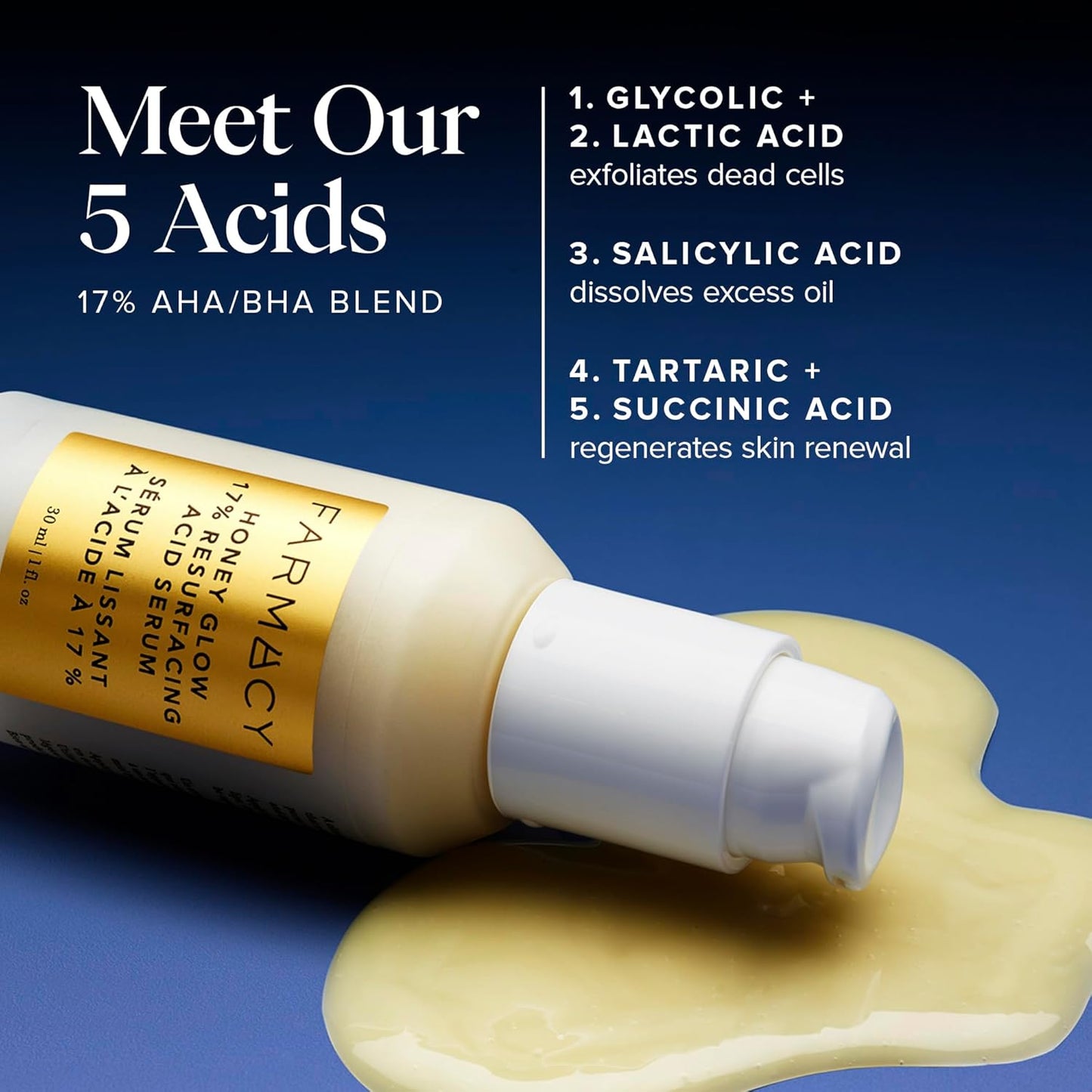 Farmacy Face Exfoliator Serum - Honey Glow 17% AHA + BHA Liquid Exfoliant & Salicylic Acid Serum - Resurfacing Skin Care for Reduced Pores + Texture - Hydrates Skin for an Overall Glow (30ml)