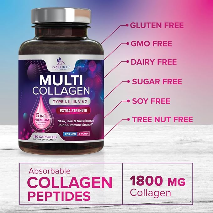 Collagen Peptides for Women & Men - Type I, II, III, V, X Multi Collagen Pills, Hydrolyzed Collagen Peptides Supplements, Nature's Hair, Skin, Nail, and Joint Support Supplement, Non-GMO, 180 Capsules