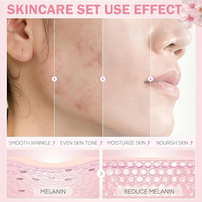 Skin Care Set for Women Girls, Cherry Blossoms Beauty Gift Sets for Intense Hydration, Face Skin Care Kit with Cleanser, Toner, Serum, Eye Cream, Face Cream - 8Pcs Skin Care Routine Kit