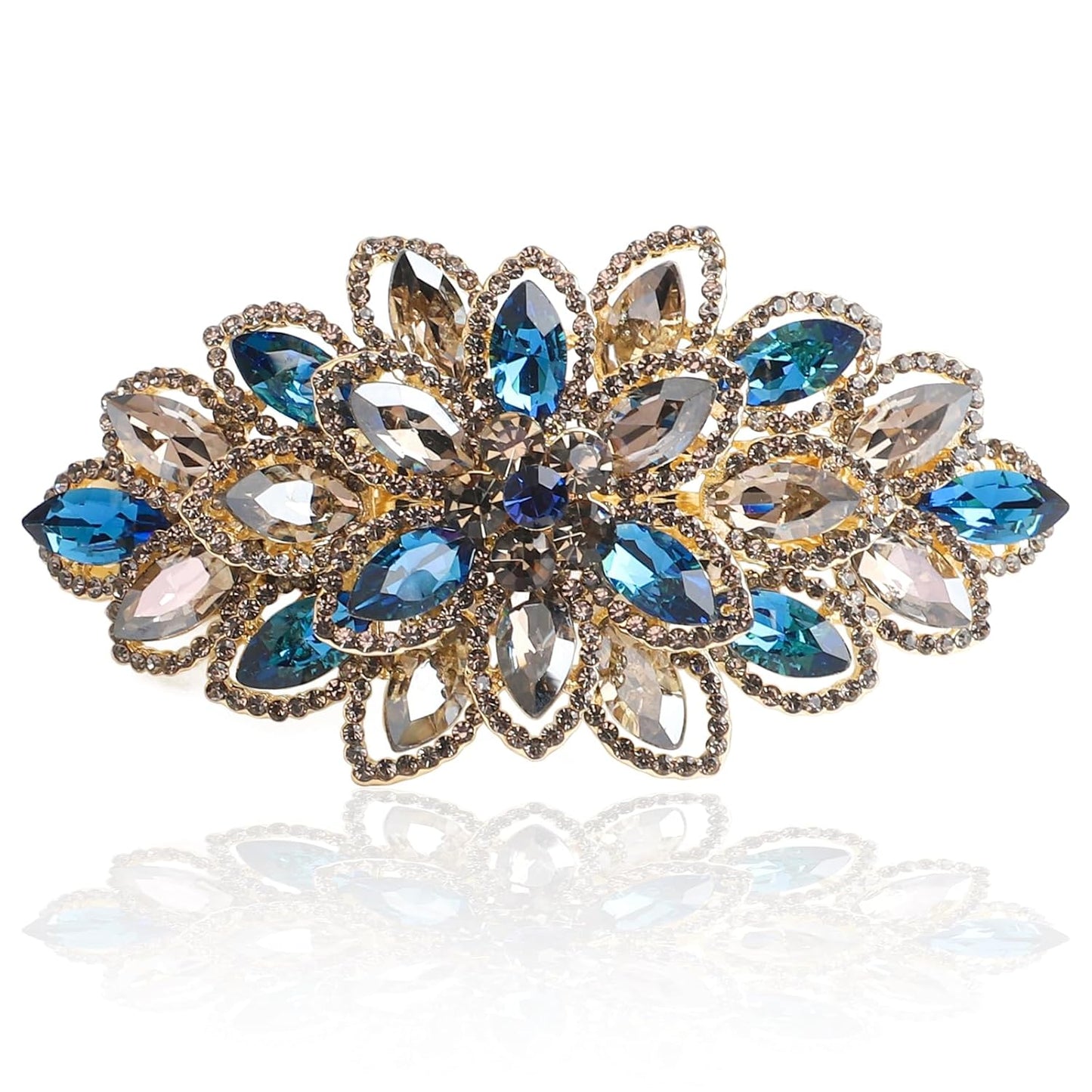 Luxury Gold-plated Rhinestone Hair Barrette for Women, Large Flower Jewelry Design (Navy)