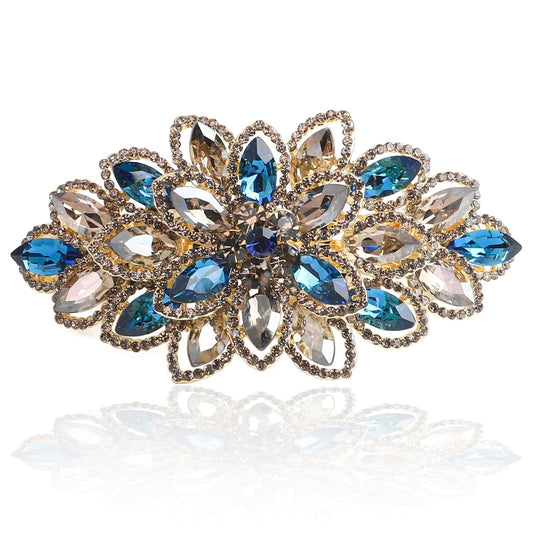 Luxury Gold-plated Rhinestone Hair Barrette for Women, Large Flower Jewelry Design (Navy)