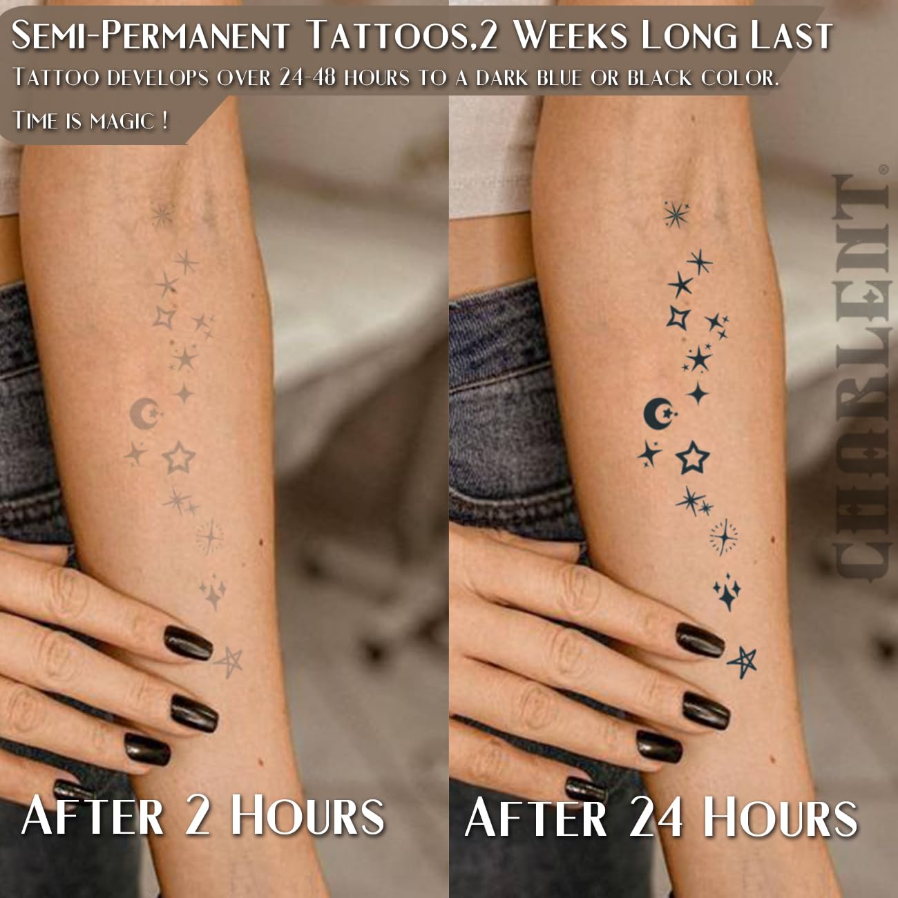 CHARLNET Stars Semi-Permanent Tattoos for Adult - 2 Weeks Long Last Small Fake Tattoos for Women Men Face Finger Neck Body/Fades Naturally/No Reflection/Waterproof/Realistic