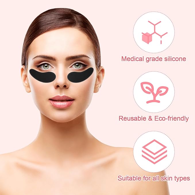 Reusable Eye Patch, Silicone Reusable Eye Gel Pads Eye Wrinkle Patches Under Eye Mask, Plump Fine Lines & Wrinkles with Metal Eye Cream Applicator & Tin Case (Black)