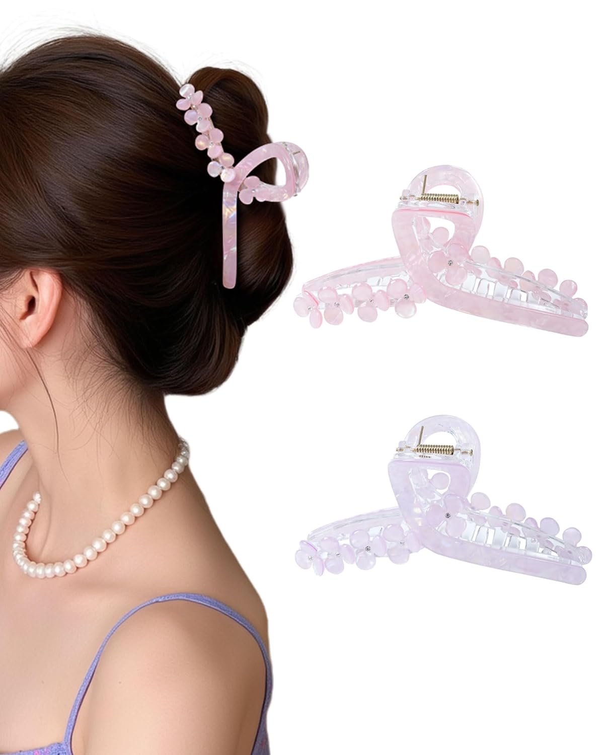 HOKEMP Large Hair Claw Clips for Women, 2 Pack Mermaid Acrylic 3D Flower Claw Clips for Thin & Thick Hair Styling Hair Accessories (Coral Pink Mermaid + Purple Mermaid)