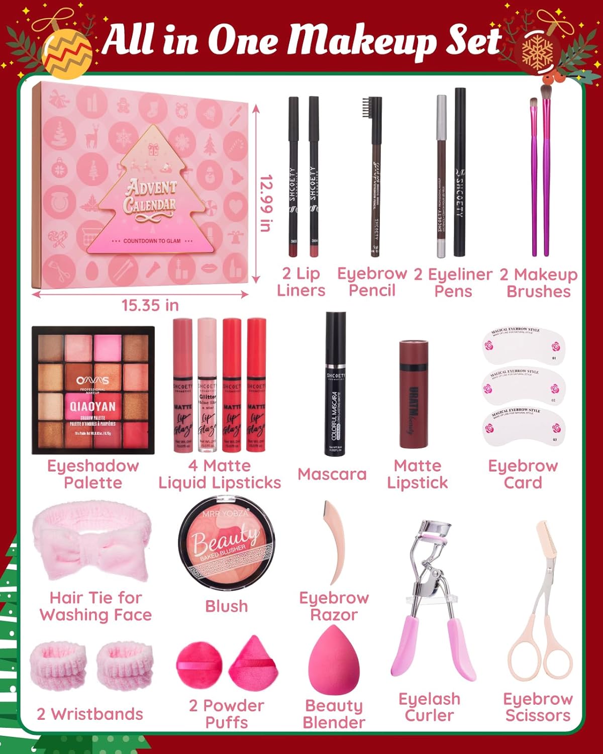 Makeup Advent Calendar 2025 Teen Girls Women, 24 Days Beauty Make Up Advent Calendar with Essential Lips, Eyes & Face Kit, Christmas Xmas Countdown Surprise Makeup Gift Set for Women Teen Girls