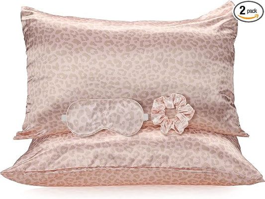 2 Pack Satin Pillowcase with Latent Zipper, Adjustable Satin Eye Mask for Sleeping and Satin Volume Scrunchie for Hair and Skin, Standard Size (Pink, Leopard Style)