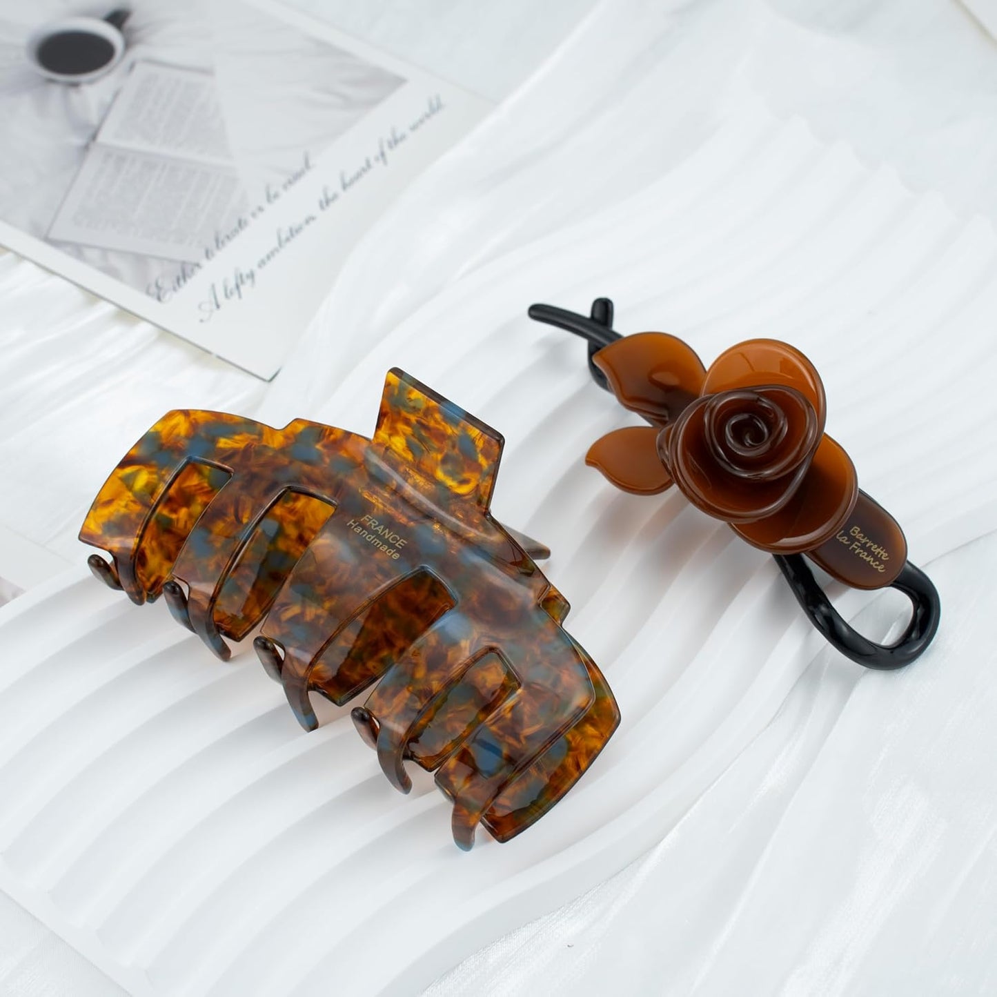 2 Pack French Handmade Tortoise Shell Acetate Claw Clip & Rose Hair Clip Set, Luxury Style Large Hair Claw Clips for Women