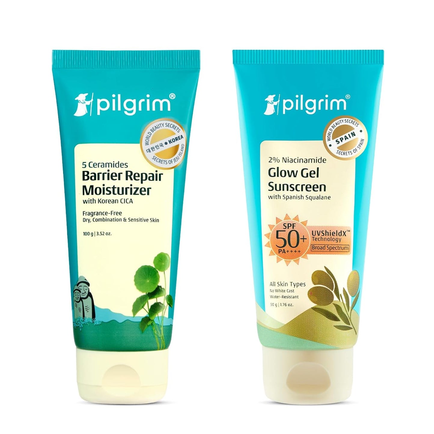 Pilgrim Korean Cica Moisturizer with 5 Ceramides & 2% Niacinamide Glow Gel Sunscreen SPF 50 PA+++ | Hydration, Barrier Strength & Bright Glow | Lightweight & Non-Sticky