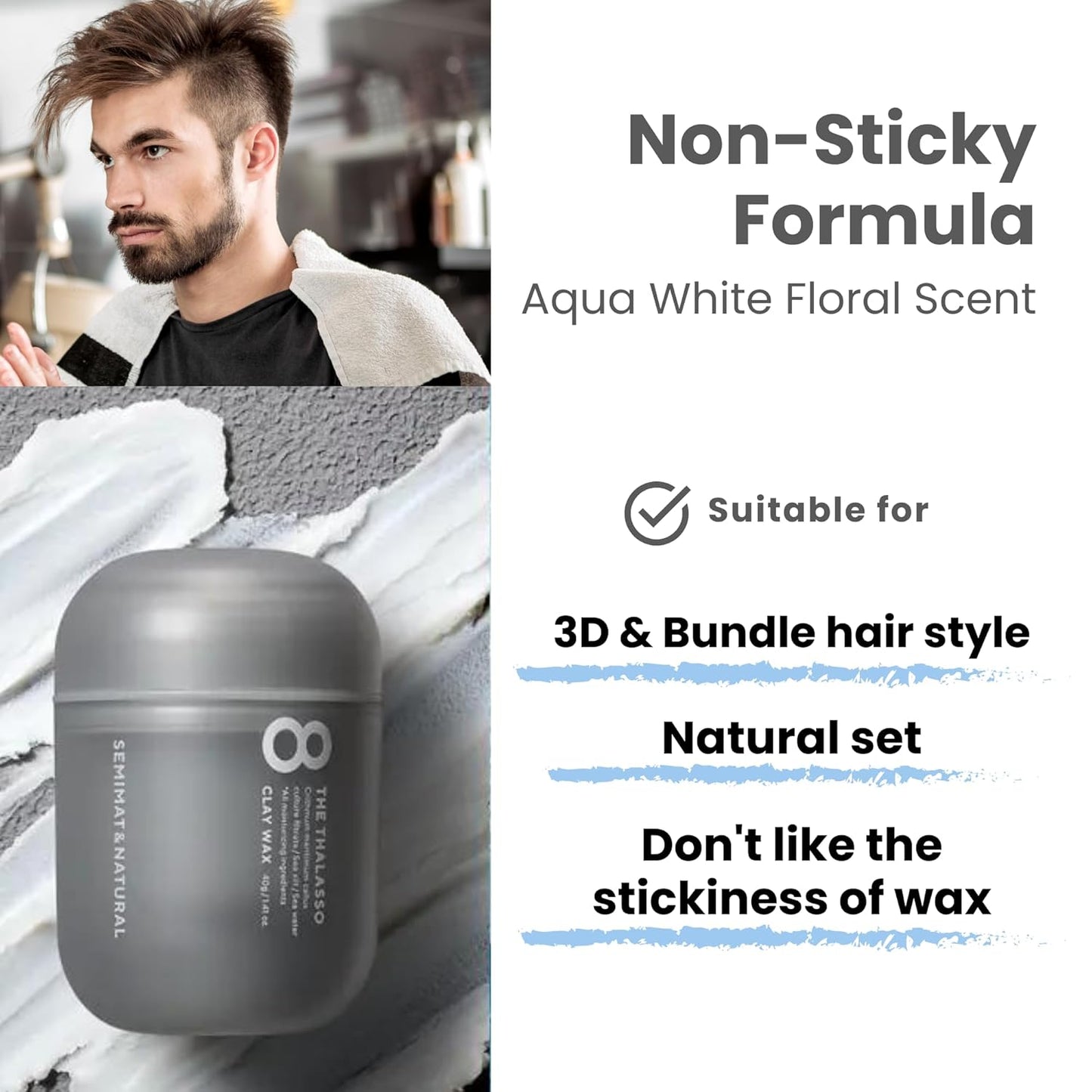 8 THE THALASSO Hydrating Hair Styling Clay Wax for Semi-Matte Finish, Non-Sticky Hair Wax from Japan with Natural Oils & Deep Ocean Water, SEMIWET & NATURAL, Aqua White Floral Scent, 1.41 Oz / 40g