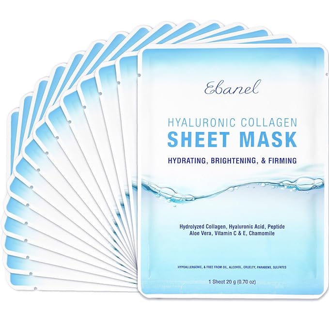 Ebanel 15 Pack Collagen Peptide Hydrating Face Masks, Instant Brightening Firming Anti Aging Face Sheet Masks, Moisturizing Spa Facial Mask Skincare with Hyaluronic Acid, Vitamin C, Chamomile, Aloe