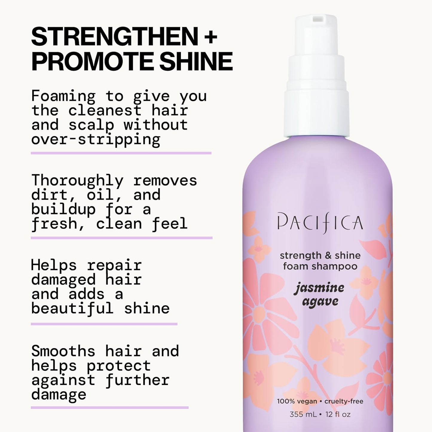 Pacifica Jasmine Agave Strength & Shine Foaming Shampoo – Repairing Foam Shampoo for Dry, Damaged or Bleached Hair, Deep Clean & Glossy Finish, Clean Beauty Vegan & Cruelty-Free Dermatologist Tested