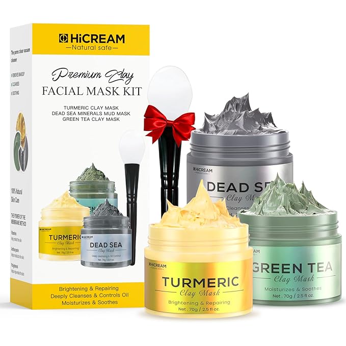 Turmeric Clay Mask, Green Tea, Dead Sea Minerals Mud Mask, Spa Facial Mask 3-Piece Set for Deep Cleansing, Moisturizing, and Refining Pores, Vegan & Cruelty-Free 2.5 oz each