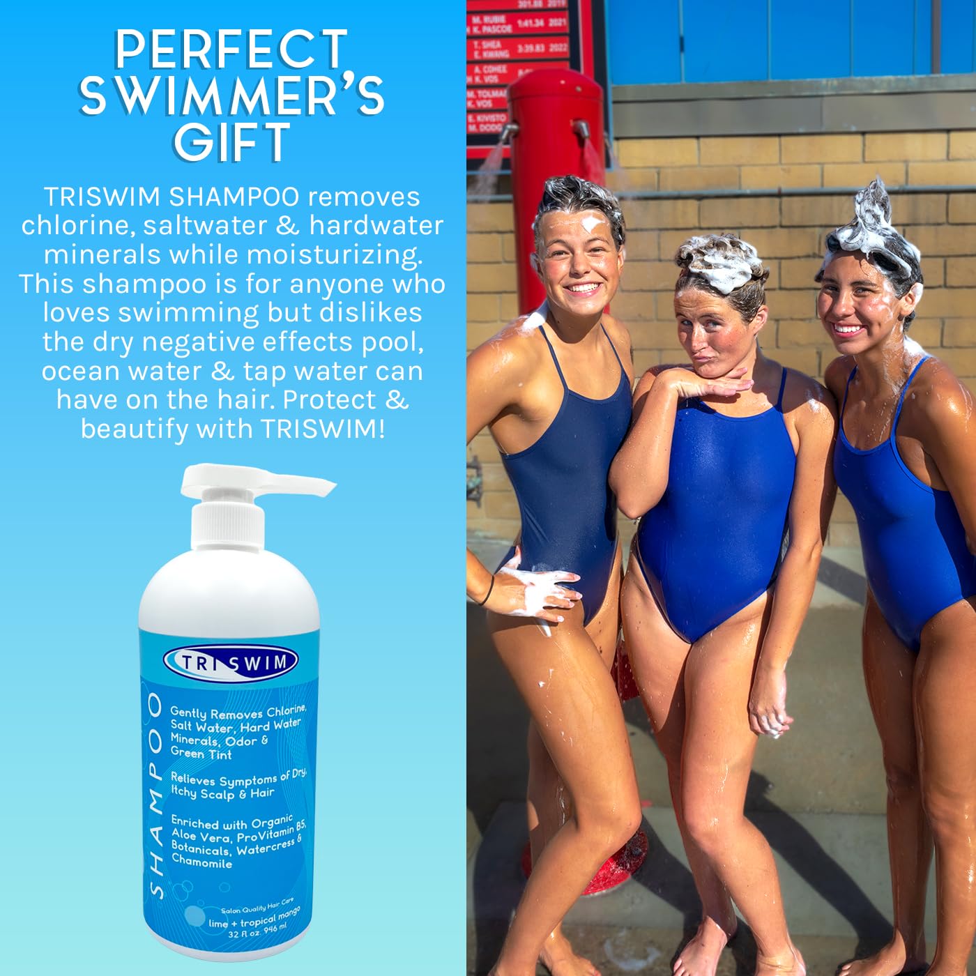 TRISWIM Chlorine Removal Shampoo 32oz | Removes Chlorine, Bromine, Hard Water Minerals & Saltwater | Hydrates & Restores Hair | Safe for Color-Treated Hair | Lime + Tropical Mango Scent