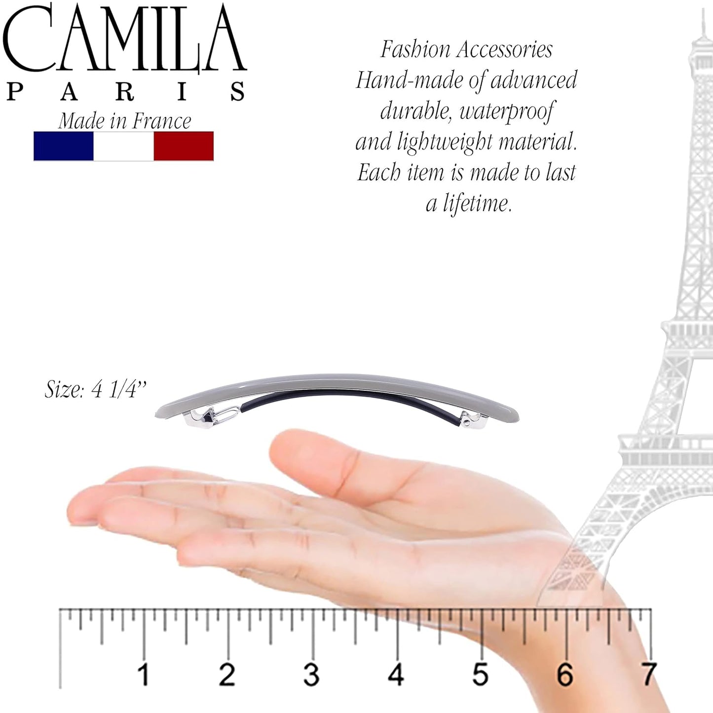Camila Paris CP3252 French Hair Barrette Large Gray, Long Skinny Strong Hold Grip Hair Clips for Women, Thin Rubberized Automatic Clasp No Slip Durable Styling Girls Hair Accessories, Made in France