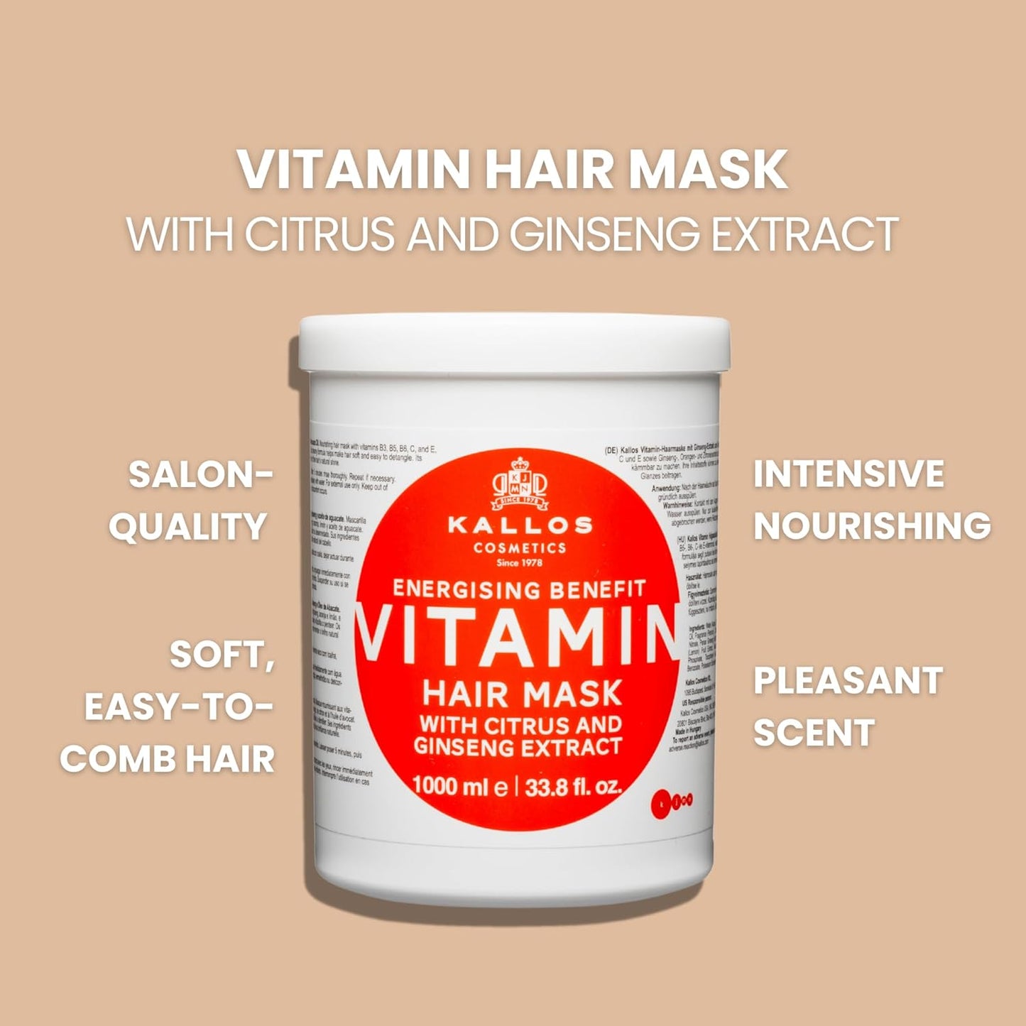 Kallos KJMN Vitamin Energising Hair Mask with ginseng extract and avocado oil 1000 ml - 33,81 Fl Oz
