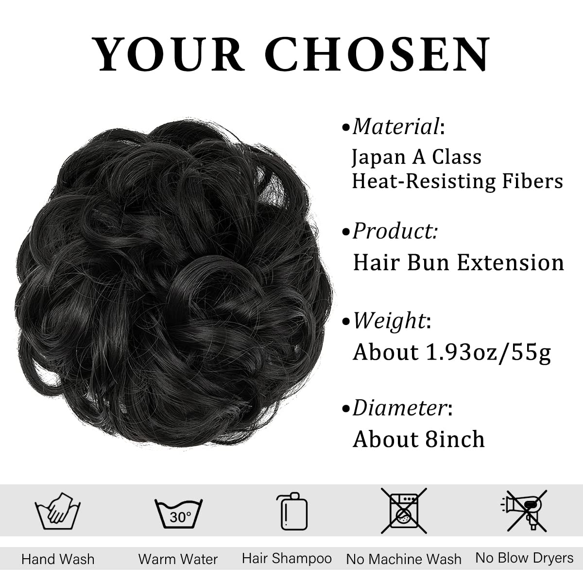 CJL HAIR Large Messy Bun Hair Piece Wavy Curly Scrunchies Synthetic Chignon Ponytail Hair Extensions Thick Updo Hairpieces for Women Off Black