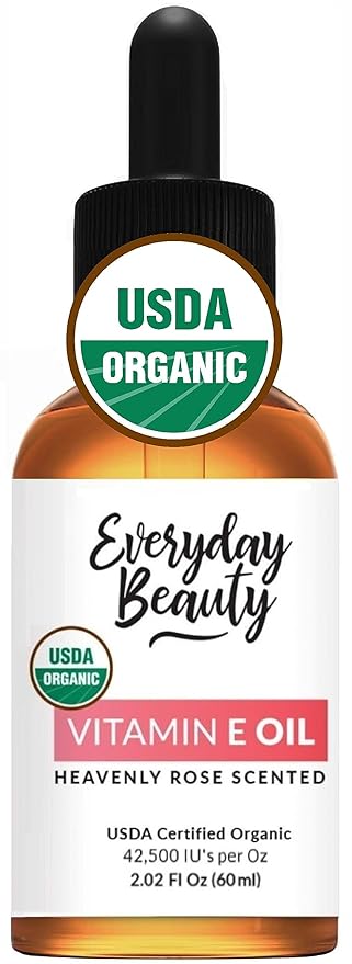 Organic Vitamin E Oil - Heavenly Rose Scented USDA Certified 100% All Natural Plant Based 2.02 Fl Oz Glass Bottle & Dropper - Lightweight & Great for Scars After Surgery - Reduce Wrinkles, Anti Aging