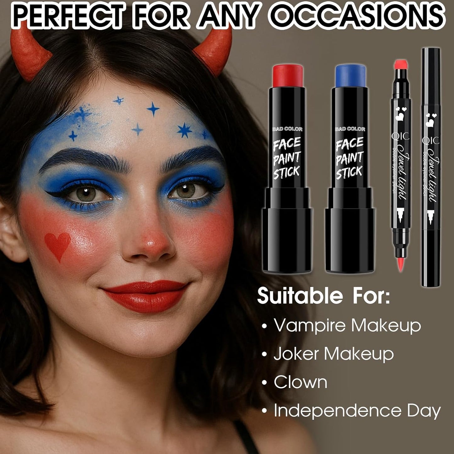 BAD COLOR 3PCS Red Blue Face Body Paint Stick Makeup for Harley/Joker SFX Cosplay & Dress Up, Red Liquid Eyeliner Stamp Pen for Clown Costume Cosplay