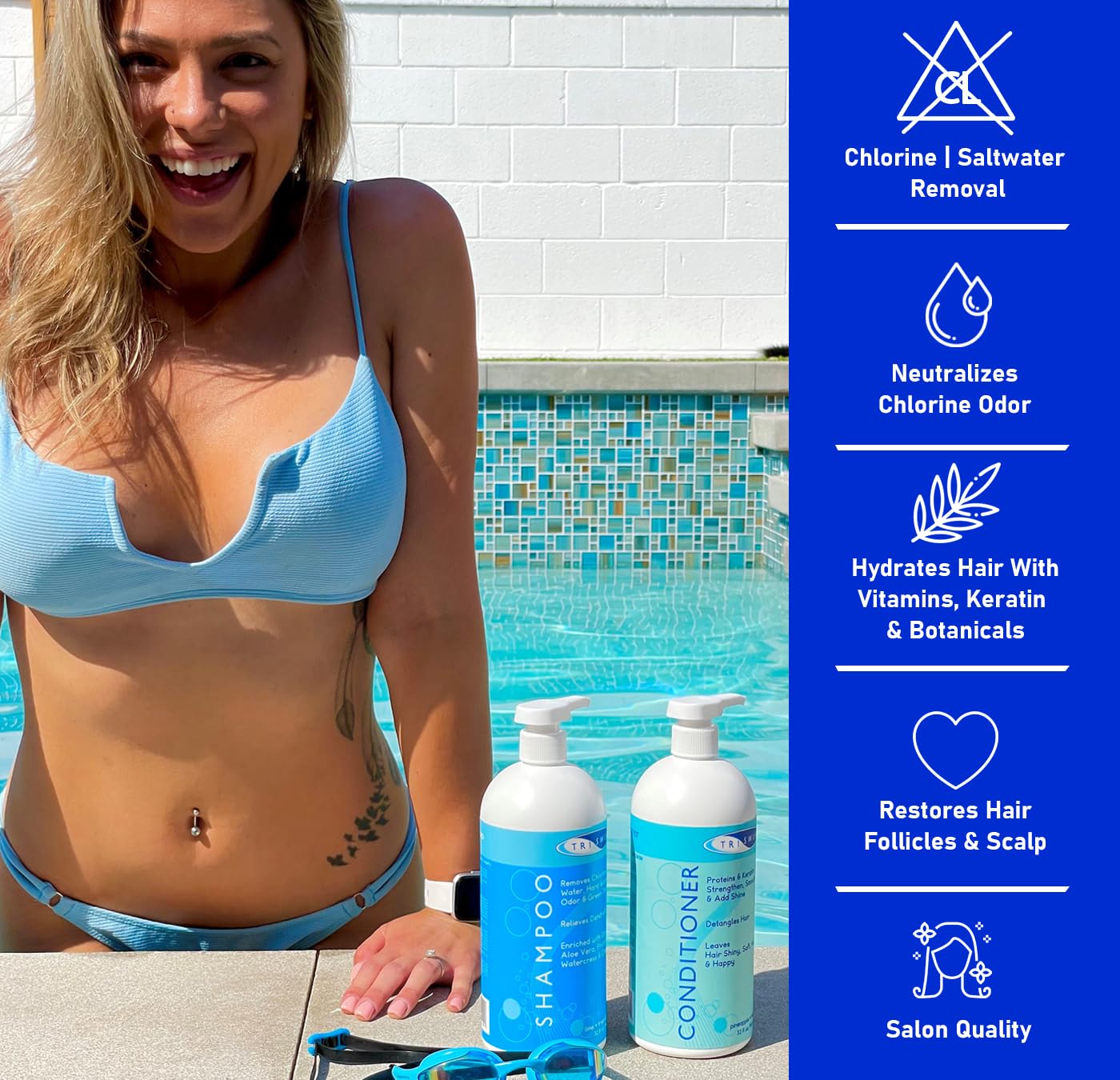 TRISWIM Chlorine Removal Shampoo 32oz | Removes Chlorine, Bromine, Hard Water Minerals & Saltwater | Hydrates & Restores Hair | Safe for Color-Treated Hair | Lime + Tropical Mango Scent