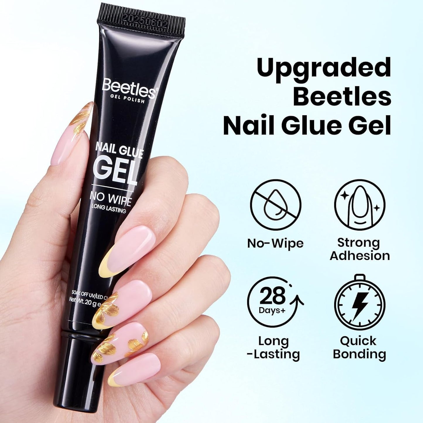 Beetles 2Pcs 20g Nail Glue Gel, No Wipe, Hands-Free Tipex Solid Nail Glue Gel, Super Strong for Acrylic Nails Extension Fake Nails, 3D Nail Art, Great for Home & Salon Use, U V Light Required