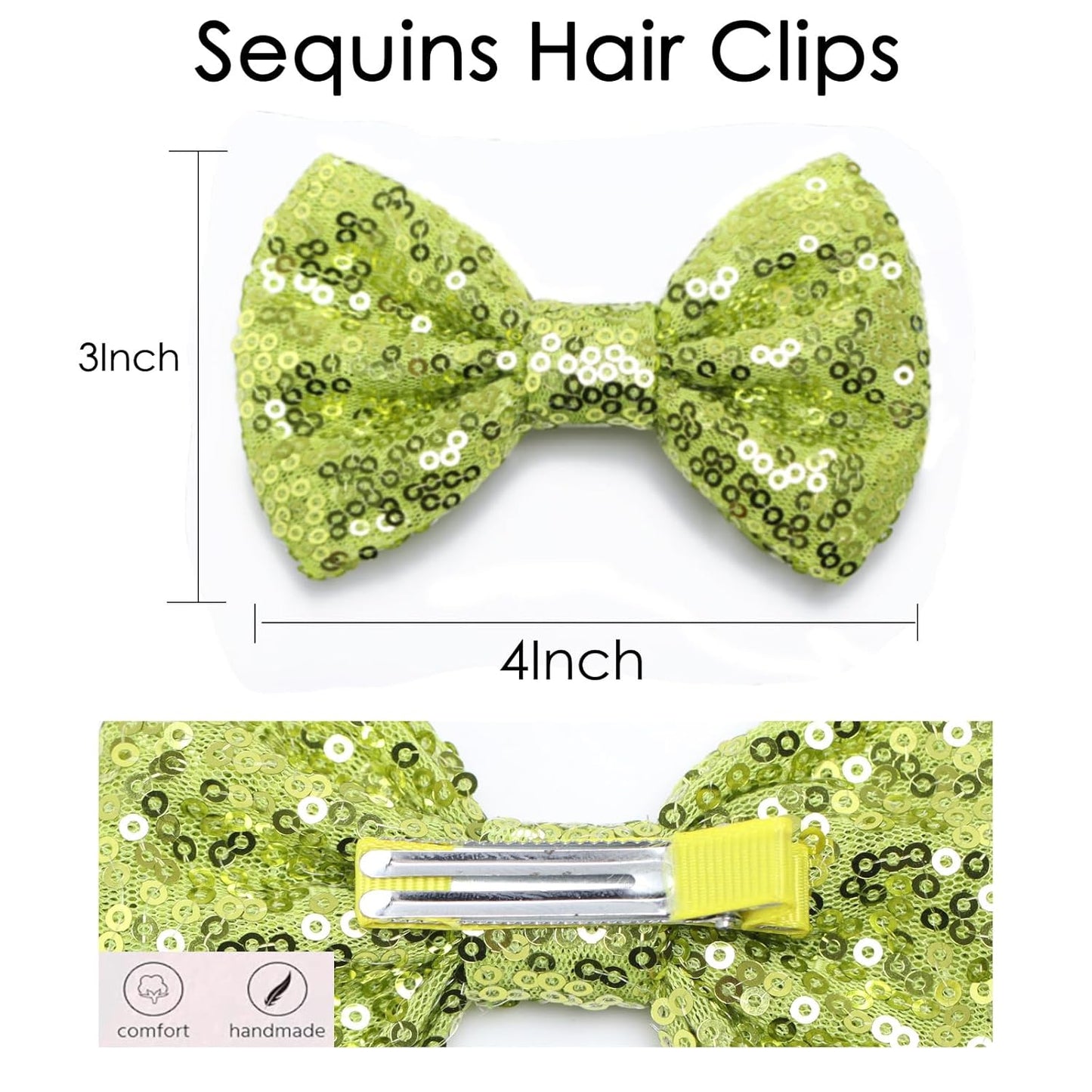 KISZU 4 Inch Sequin Glitter Hair Bows Clips, Sparkling Bling Little Bow HairPins Hair Accessories for Baby Girls Kids Children Teens and Women (Apple Green)