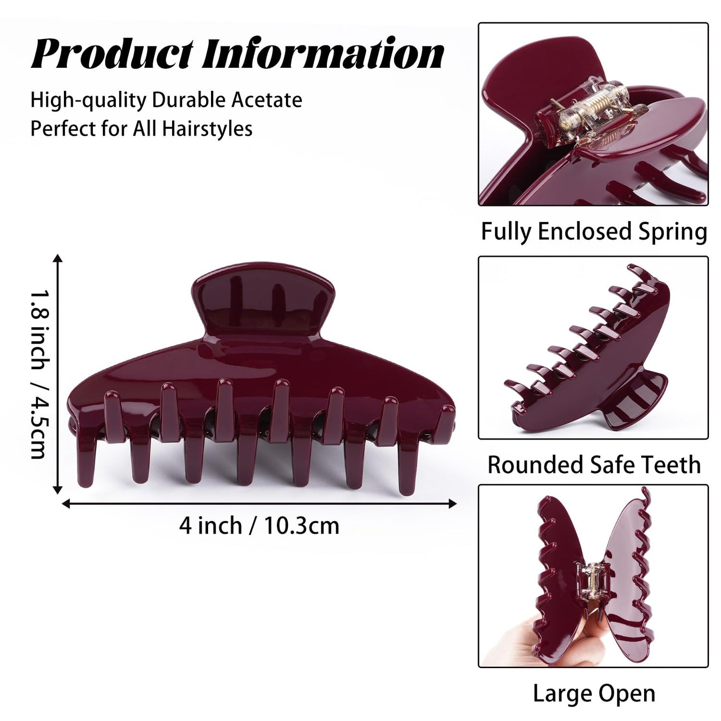 MAORULU Cute Claw Clip for Women – 4'' Large Acetate Hair Clips for Thick Thin Curly Long Hair, Durable Hair Clamps Non-slip Y2K Jaw Clip, Strong Hold, Stylish French Design (Wine Red)