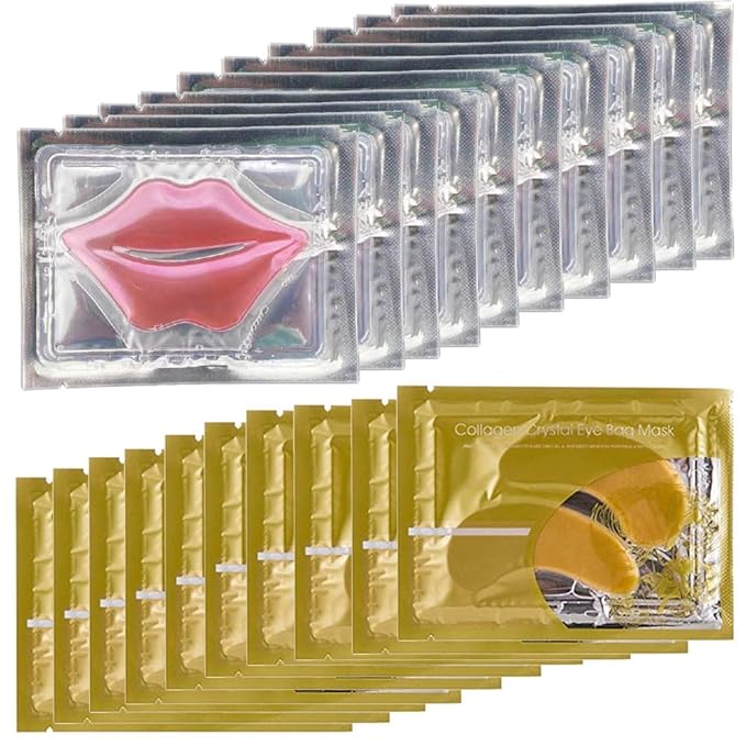Gold Eye Mask And Pink Lip Mask,Natural Gel Eye Masks,Under Eye Gel Patches for Dark Circles,Eye Mask for Puffy Eyes,10 Pairs Gold Eye Mask And 10 Pcs Pink Lip Mask