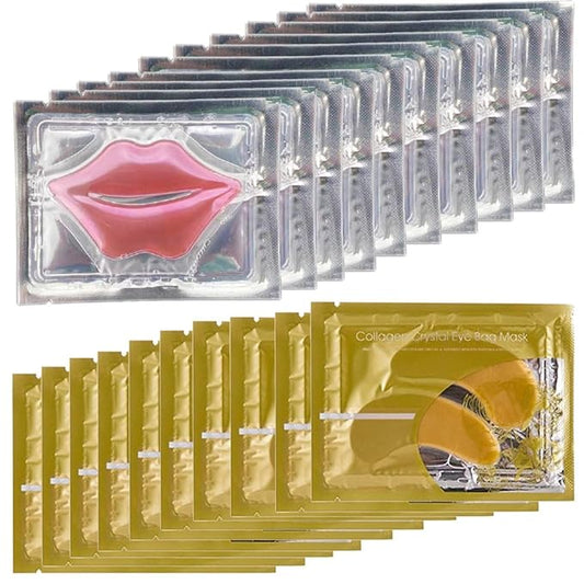 Gold Eye Mask And Pink Lip Mask,Natural Gel Eye Masks,Under Eye Gel Patches for Dark Circles,Eye Mask for Puffy Eyes,10 Pairs Gold Eye Mask And 10 Pcs Pink Lip Mask