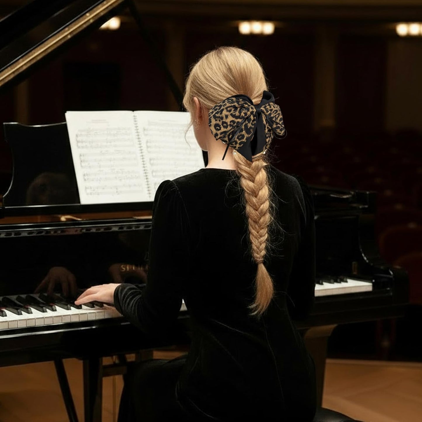 2PCS Leopard Pearl Print Bow Hair Ponytail Claw clip, Non-Slip Hair Grips for Women, Ribbon Bowknot Hair Clips French Style with Long Tail for Women Girls Ponytail Hair Decorations Accessories