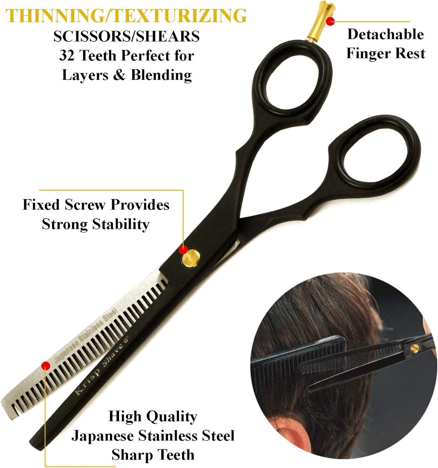 Professional Hair Cutting Scissors - Krisp Shave Stainless Steel Salon Barber Thinning Scissor (6 Inch) - Shears for Men's Beard Mustache Women Kids Pets Haircut All Purpose Shear Kit/Set, KSP-785