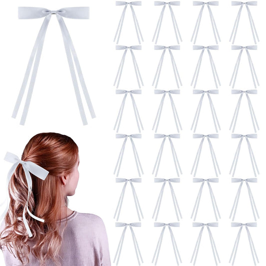 24 PCS Hair Bows Clips Ribbon,Mini Satin Hair Bows With Long Tail for Women and Girls Hairstyle Accessory Gift (White)