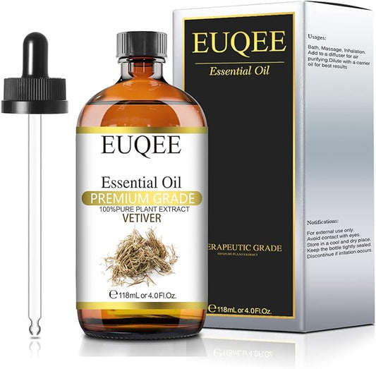 Vetiver Essential Oil 4oz/118ML Large Bottle Vetiver Oil Premium Essential Oil for Candle Making, Humidifier, Diffusers - with Glass Dropper