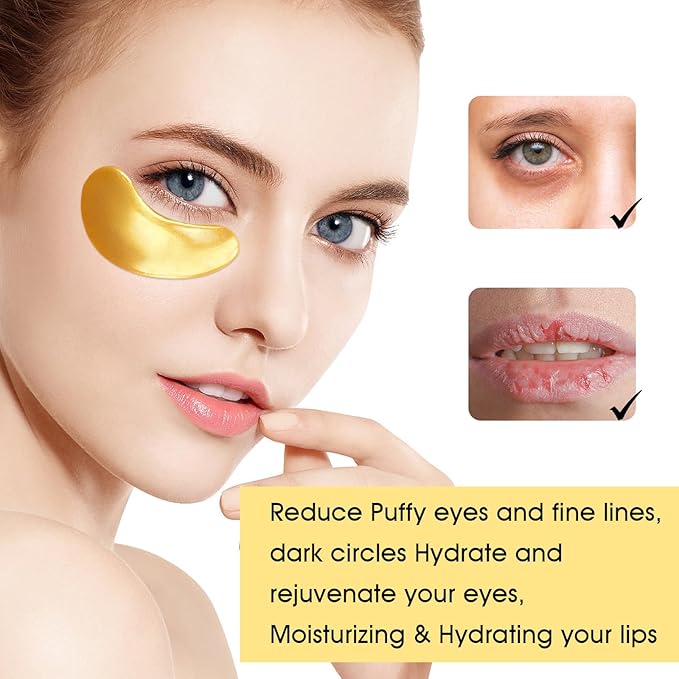 Adofect 40 Pairs Under Eye Patches and Lip Mask 24K Gold Eye Mask for Puffy Eyes Collagen Lip Masks and Crystal Eye Mask Reducing Fine Lines for Women and Men (Gold)