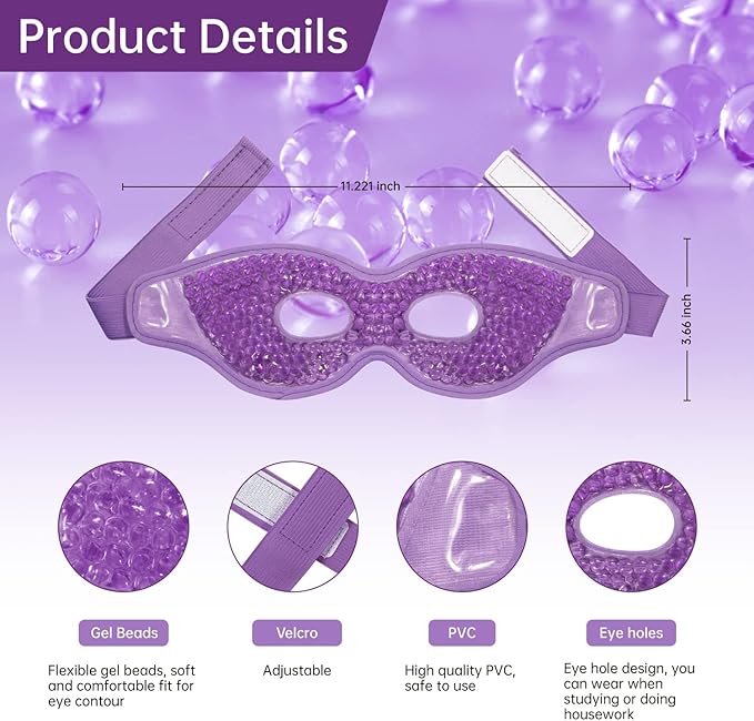 Ice Pack for Eyes - 2 Pcs Reusable Hot Cold Compress Gel Bead Cooling Mask for Puffiness, Dark Circles, Bags, Dry Eyes, Headaches, Migraines, Stress Relief (Purple)